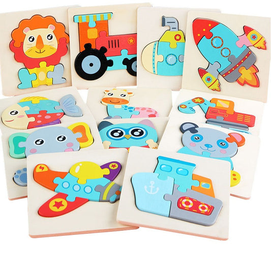 Wooden Small Puzzle Young Children Early Education Puzzle Card Buckle Three-Dimensional Animal Cartoon Shape Matching Puzzle Board Toys