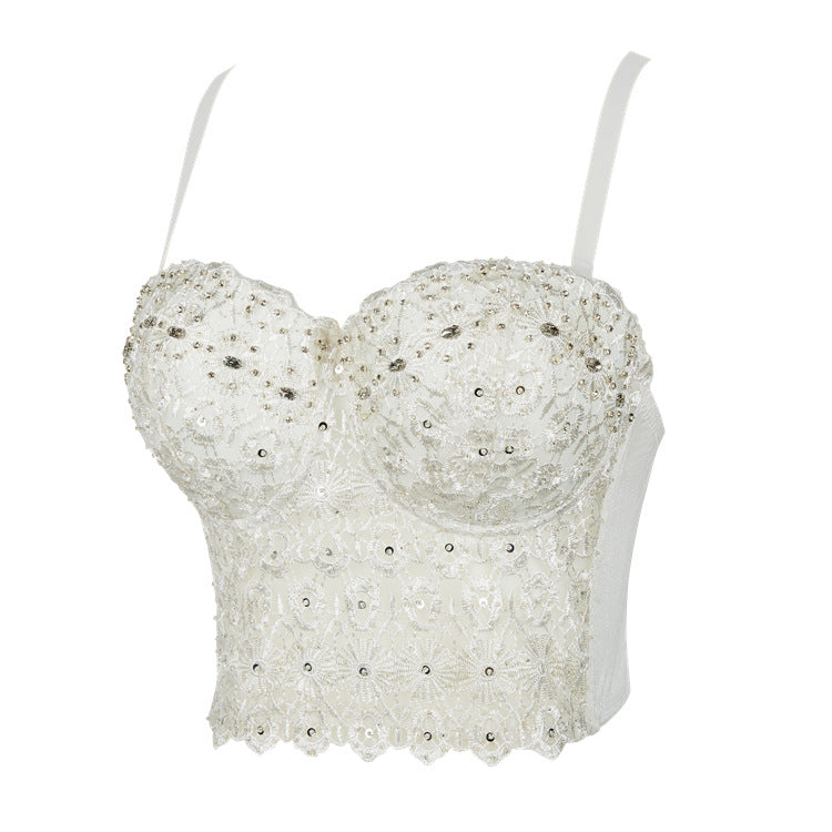 Open back lace embroidery bright diamond wrapped chest fishbone bra, small camisole vest