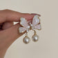 Niche Design Blue Crystal Butterfly Pearl Earrings, Female Style, Sweet and Versatile, Western style Earrings and Earrings
