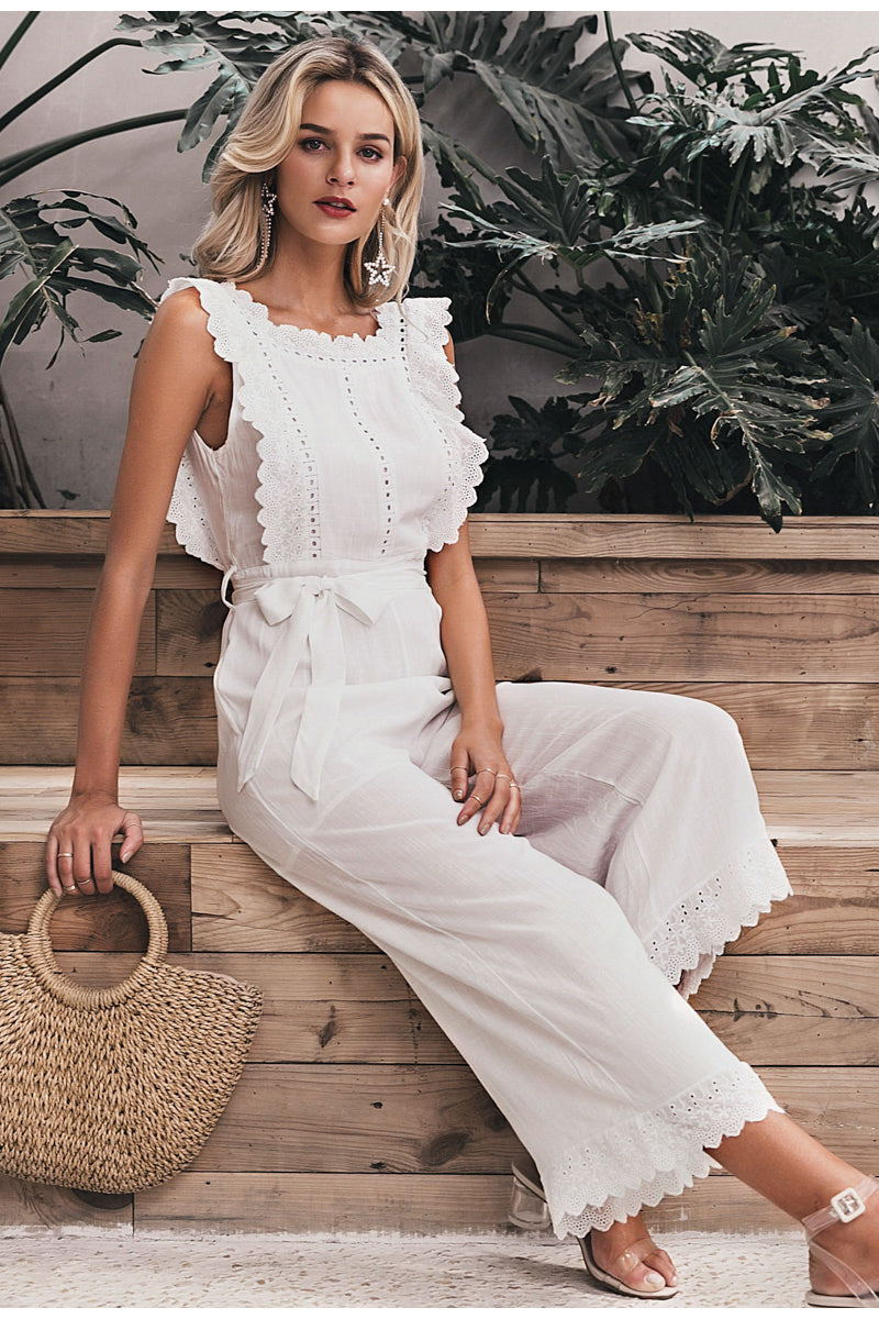 Cotton linen ruffled embroidery women jumpsuit Elegant hollow out sashes long jumpsuit romper Casual ladies overalls