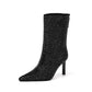Women's Rhinestone High Heel Booties Fall New Pointed Toe Mid Boots 8.5cm High Heel Black Rhinestone Side Zipper Boots Size 39
