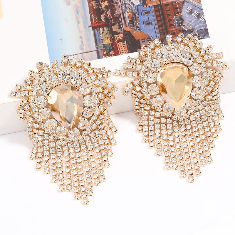 Exaggerated Style Alloy Diamond Rhinestone Water Drop-Shaped Glass Drill Tassel Earrings Female Super Flash Dinner Claw Chain Earrings