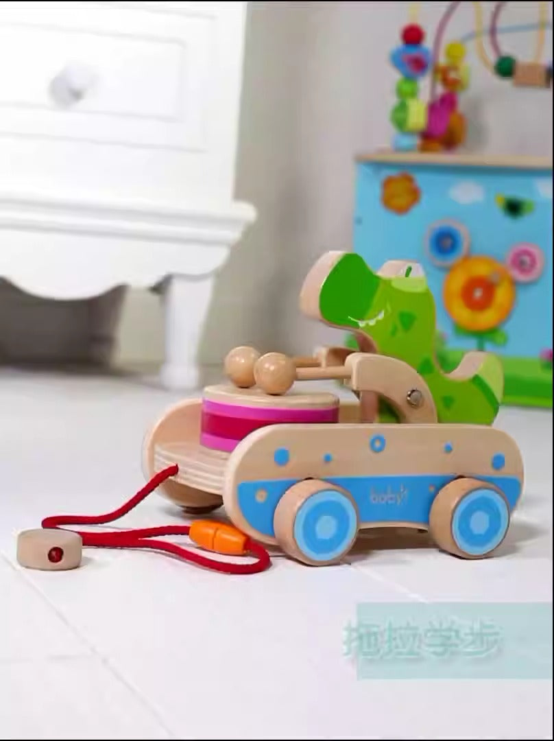 Baby Early Education: Drumming, Wooden Toy Car, Pull Rope, Hand Pulled Car, Baby Yearly Tractor, Puzzle and Step Learning