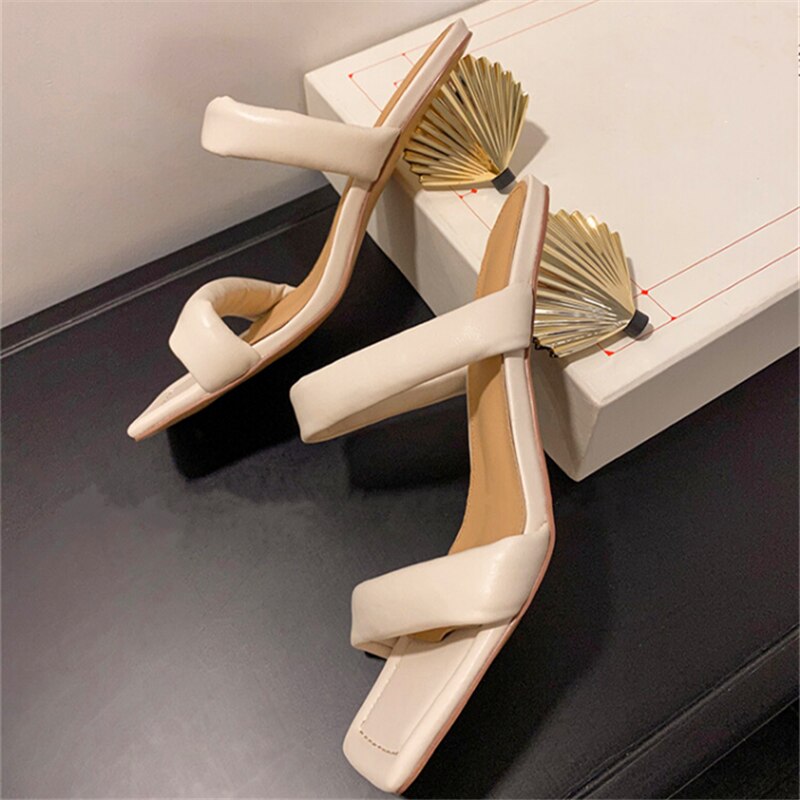 Metal Scalloped Heel Design Ladies High Heel Slippers Square toe Monster Heel Slippers Fashion Summer Party Slippers
