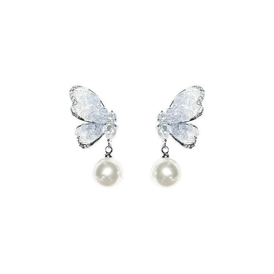 Niche Design Blue Crystal Butterfly Pearl Earrings, Female Style, Sweet and Versatile, Western style Earrings and Earrings