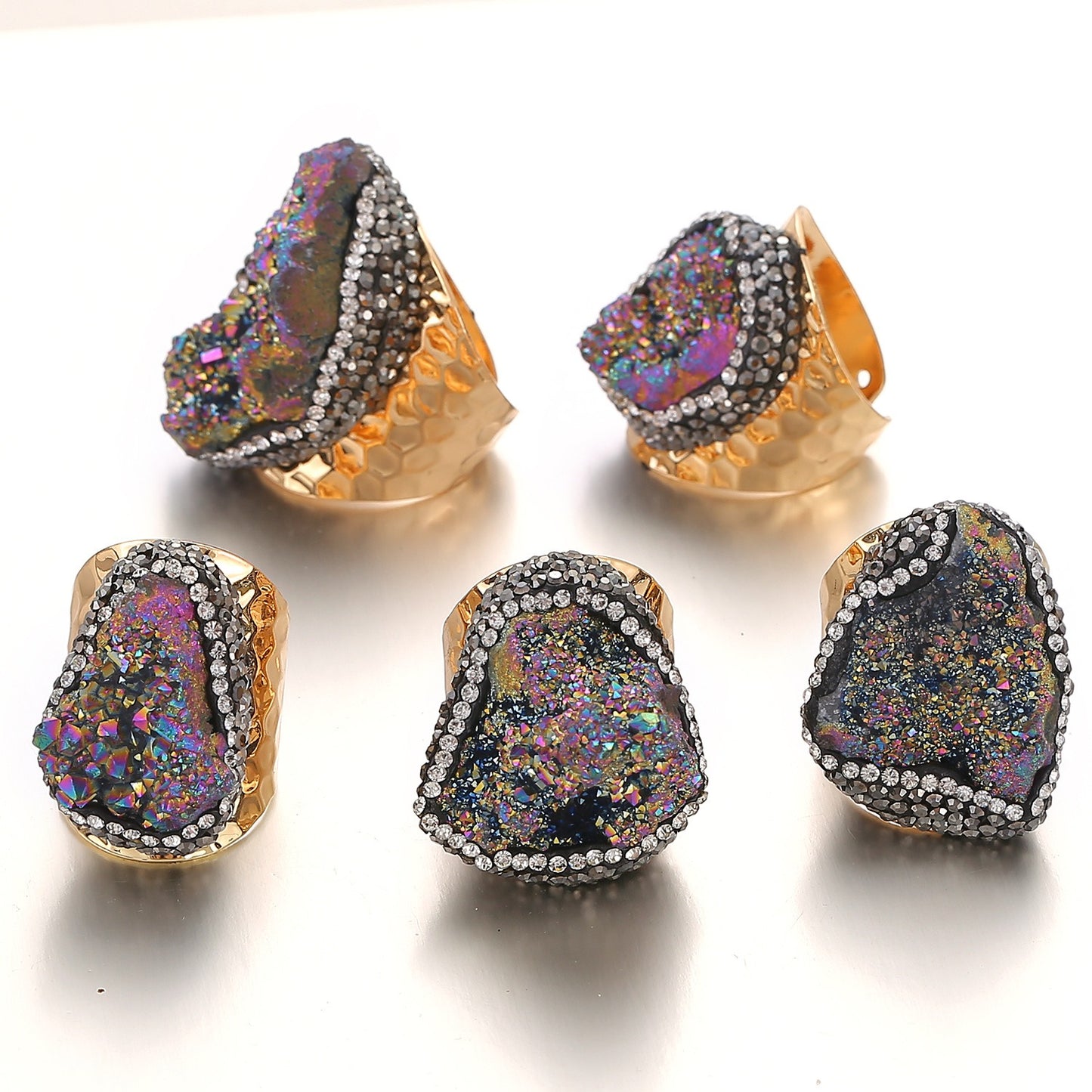Irregular natural crystal cluster ring, original stone crystal set with diamonds, natural stone gold-plated handmade jewelry