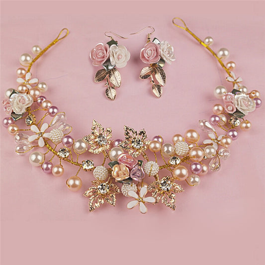 Luxury Pink Gold Pearl Bridal Crowns Handmade Tiara Bride Headband Crystal Wedding Diadem Queen Crown Wedding Hair Accessories