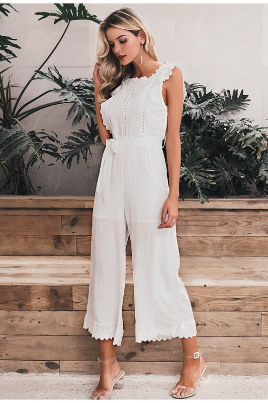 Cotton linen ruffled embroidery women jumpsuit Elegant hollow out sashes long jumpsuit romper Casual ladies overalls