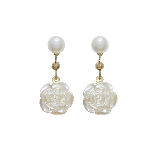 Camellia flower earrings with feminine and niche design, high-end pearl earrings without ear holes, ear clips