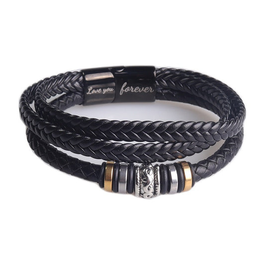 Men's Leather Bracelet Stainless Steel Magnetic Clasp I Love You Engraved Bracelet Multi-layered Black Leather Cord Bracelet