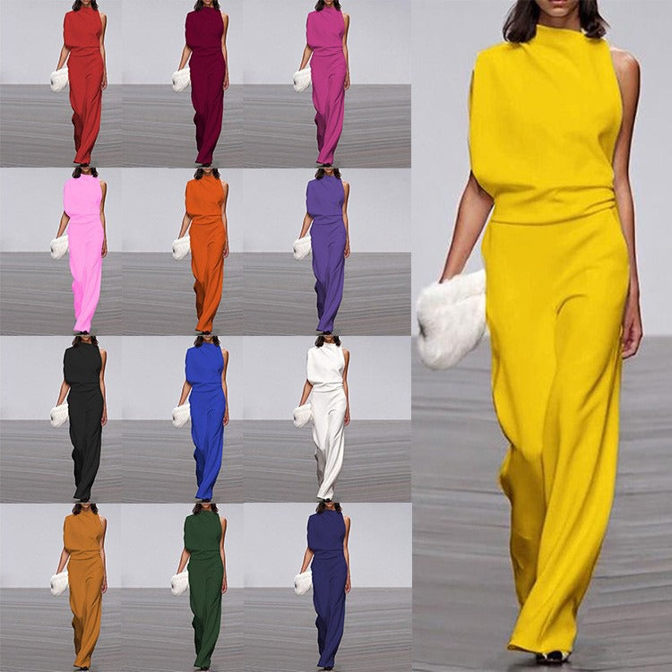 Solid color single shoulder pile up collar jumpsuit for women, hot selling hot selling dress pants