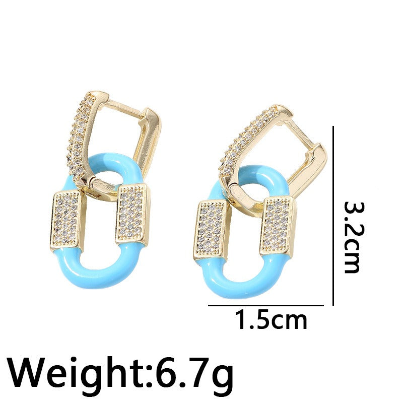 Non fading earrings with double buckle design with micro inlaid zircon oil drop earrings