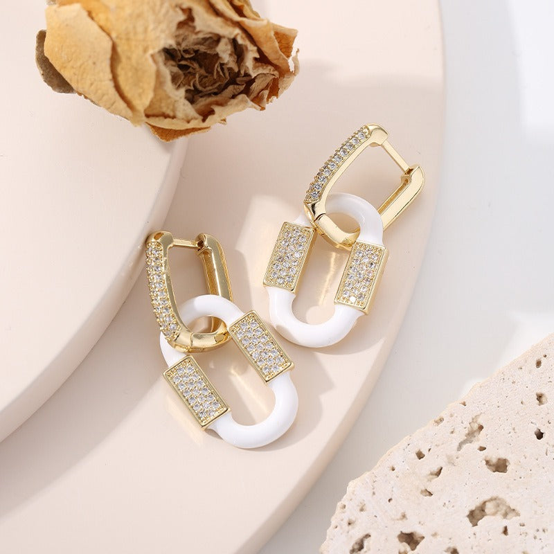 Non fading earrings with double buckle design with micro inlaid zircon oil drop earrings