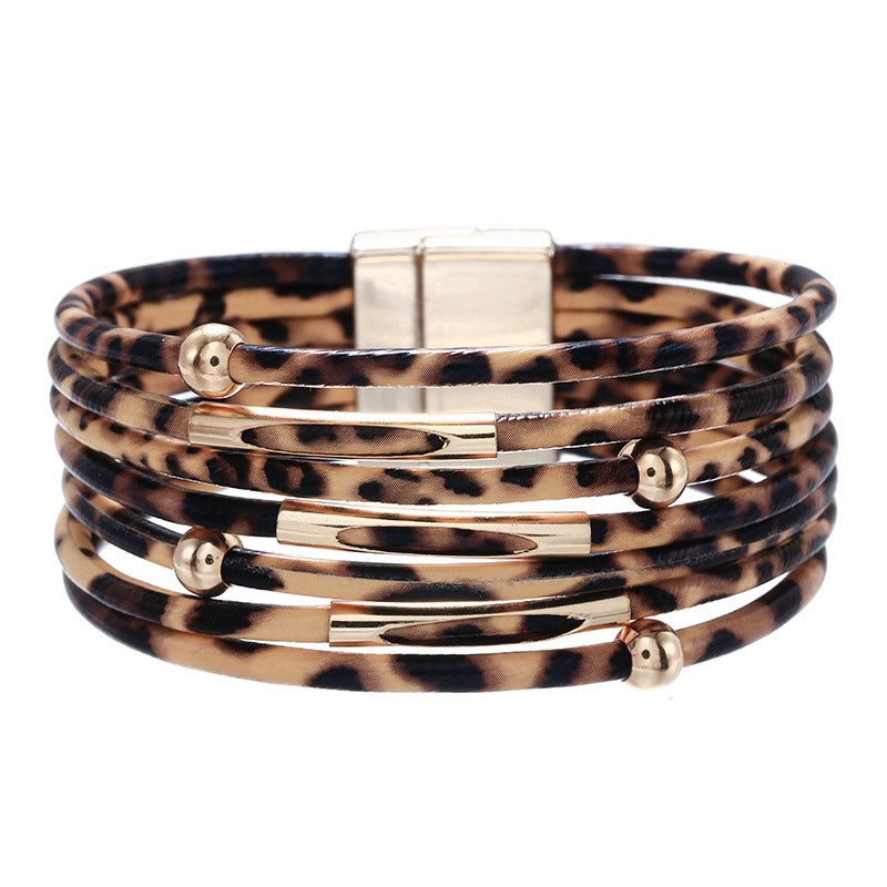 Alloy leopard print magnet buckle leather bracelet beaded leather rope bracelet copper bracelet accessories