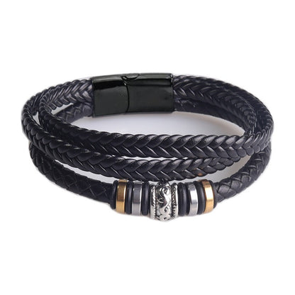 Men's Leather Bracelet Stainless Steel Magnetic Clasp I Love You Engraved Bracelet Multi-layered Black Leather Cord Bracelet