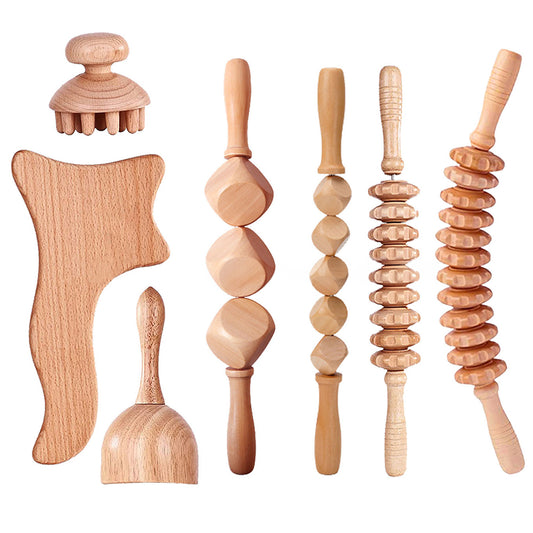 Beech wood therapy scraping cup, meridian dredging roller, tendon rolling stick, scraping board, head massager, massage set